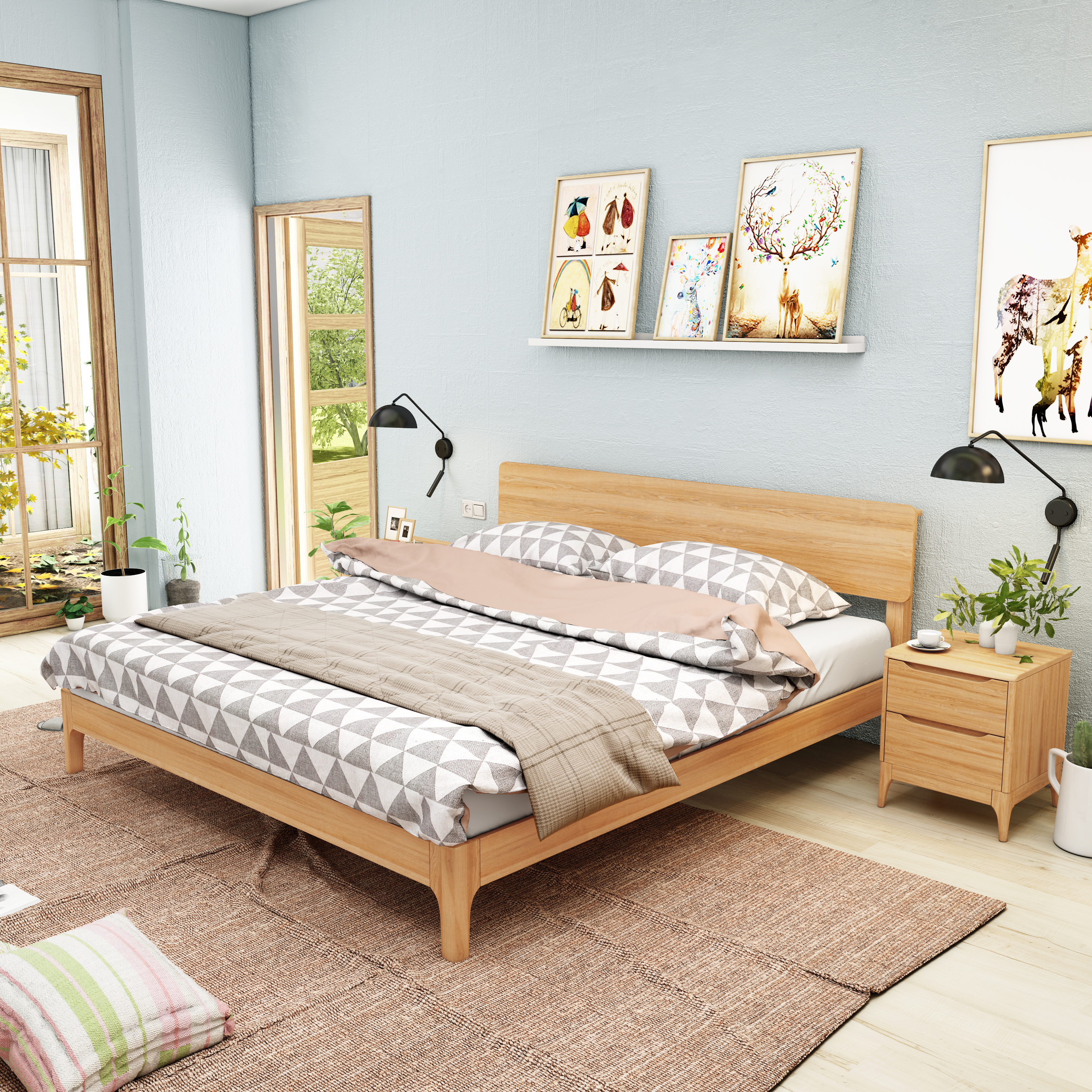 《臥室晨光》 北歐風(fēng)實木床的3D設(shè)計美學(xué)與臥室空間重構(gòu)